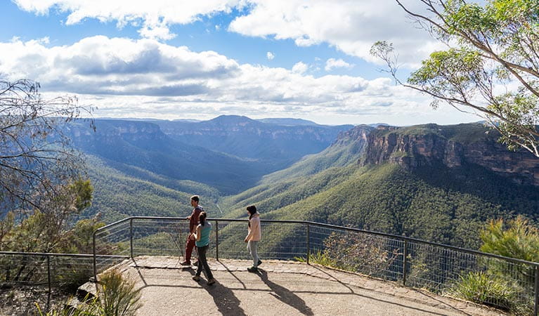 Visitors take in the views of Grose Valley from Evans lookout, Blue Mountains National Park. Photo: Simone Cottrell &copy; DPE