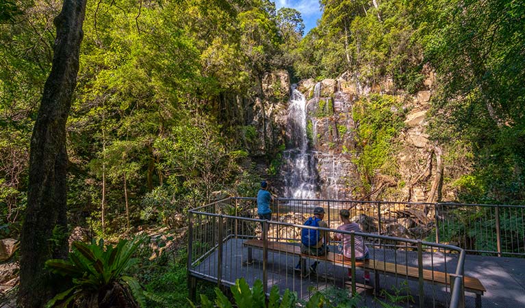 Visitors enjoy views of Minnamurra Falls at a viewing platform in Budderoo National Park. Photo credit: John Spencer &copy; DPIE