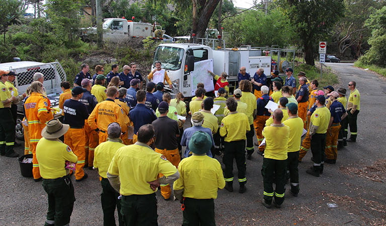 NPWS and NSW Rural Fire Service and Fire Rescue NSW staff preparing for a controlled burn. Photo: David Croft/DPIE