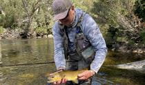 A man displaying his catch while fly fishing in Kosciuszko National Park. Photo &copy; Clearwater Fly Fishing Guides