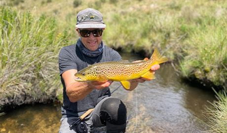 Man wearing hat and sunglasses holding up wild trout with stream in background. Photo: &copy; Angus Reynolds