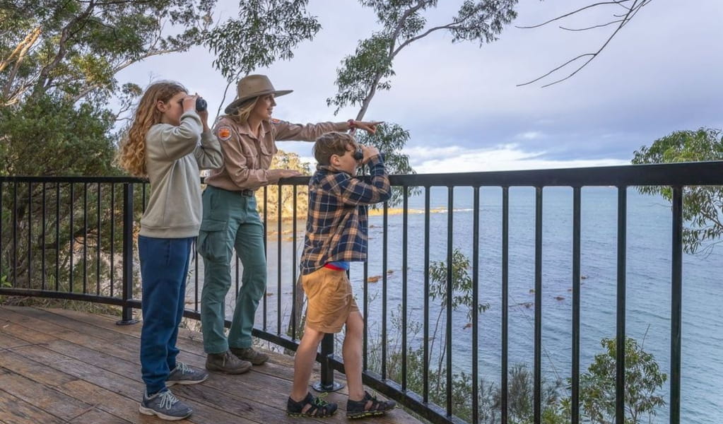 Two children using binoculars at lookout with NPWS Ranger. Photo: David Rogers &copy; DCCEEW