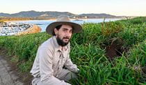 NPWS Aboriginal Discovery Ranger beside a muttonbird underground nest with a harbour and ocean in the background. Photo: Adam Hollingworth &copy; DCCEEW