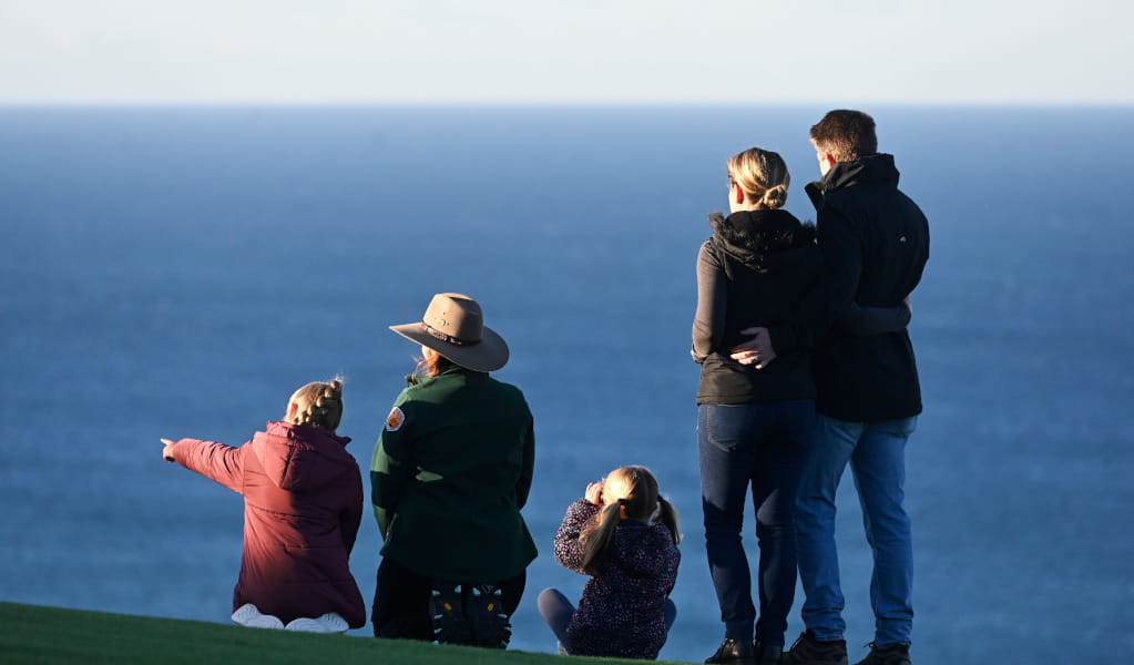 Family with NPWS Ranger whale watching. Photo: Adam Hollingworth &copy; DCCEEW