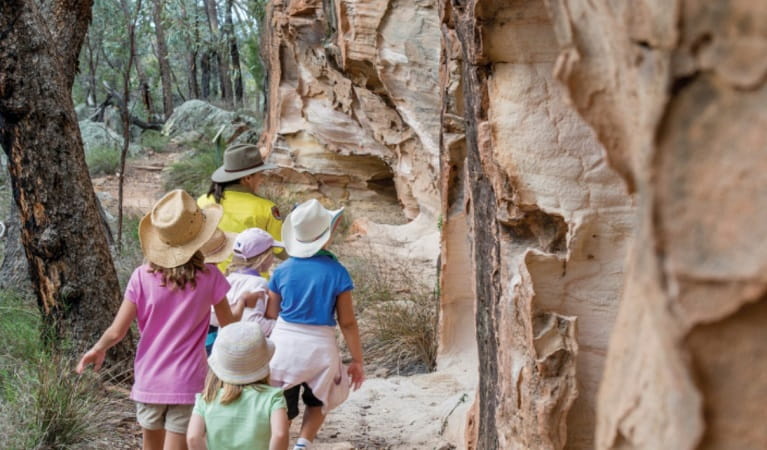 An NPWS guide leads children along Sandstone Caves walking track, Pilliga Nature Reserve. Photo: John Spencer &copy;DPIE