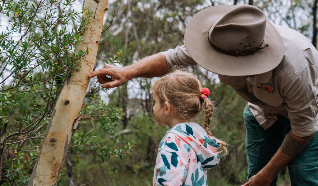 NPWS Ranger wearing a hat showing young girl bark on a tree. Photo: Remy Brand &copy; DCCEEW