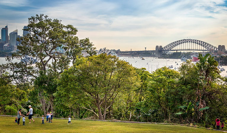 A family on Athol Lawn, with Sydney Harbour Bridge in the background, Bradleys Head, Sydney Harbour National Park. Photo: John Spencer/DPIE