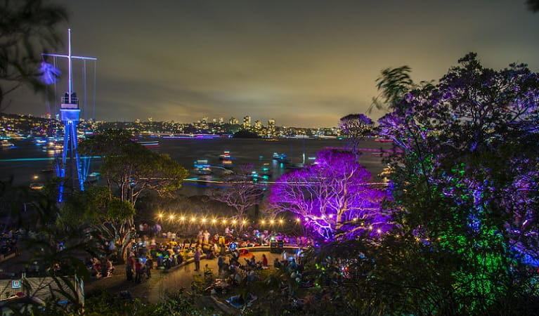 Crowds around the Mast wait for the midnight fireworks to begin at Bradleys Head. Photo: Kelly Hulme &copy; DPE