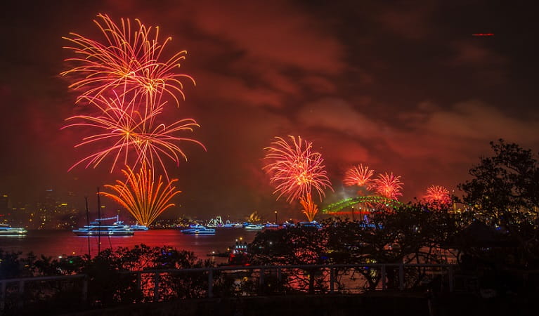 View of the New Year's Eve fireworks exploding in colour over Sydney Harbour National Park. Photo: Kelly Hulme &copy; DPE