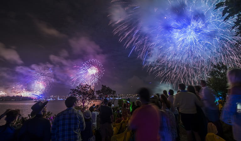 Crowds watch the midnight fireworks from the vantage point of Clark Island, Sydney Harbour National Park. Photo: John Spencer &copy; DPE