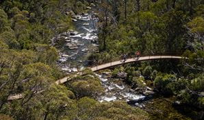 Aerial view of Bridge 5 along Thredbo Valley track, crossing Thredbo River in Kosciuszko National Park. Photo: Robert Mulally/DPIE