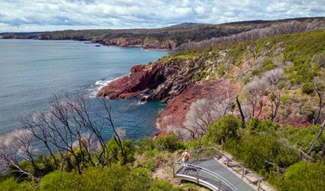 At the end of accessible Boyds Tower walking track in Beowa National Park near Eden, a viewpoint overlooks the sapphire sea and red cliffs. Photo: John Spencer, &copy; DCCEEW