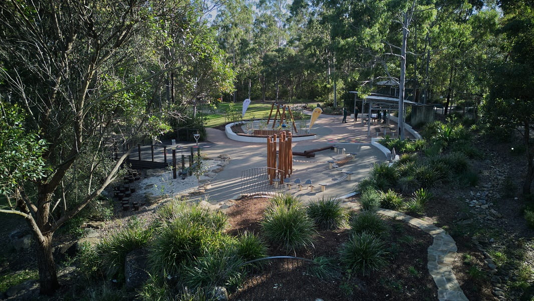 Aerial view of the playground and a picnic shelter, Village Green picnic area and playground, Blue Gum Hills Regional Park. Credit: Stuart Cohen, Bottle Brush Media © DCCEEW