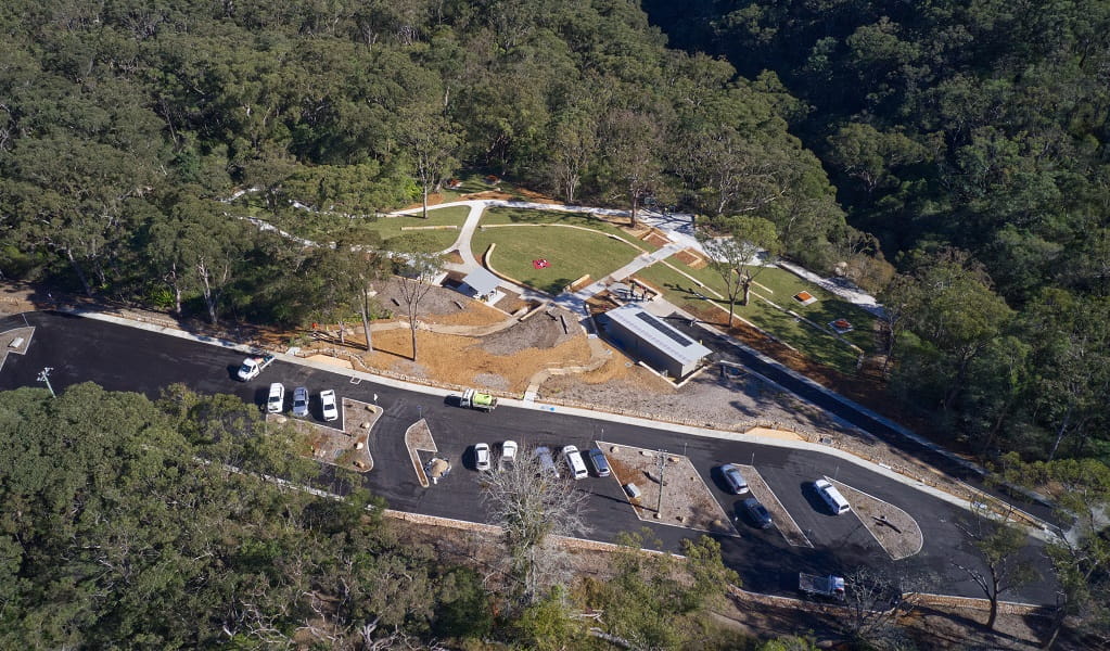 Aerial view of Somersby Falls picnic area, showing the carpark and the access to the picnic area by steps or ramp, Brisbane Water National Park. Credit: Stuart Cohen, Bottle Brush Media © DCCEEW