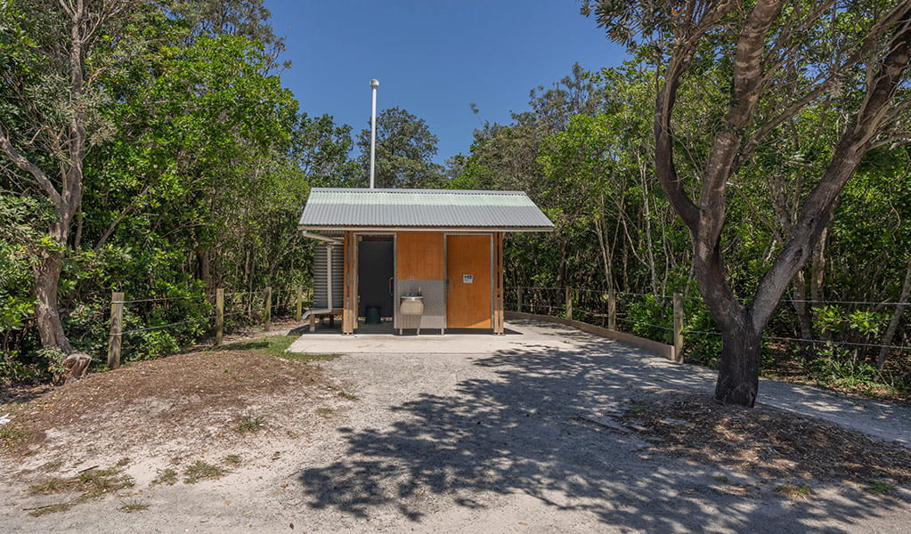 A dual-stall accessible non-flush toilet block at Mibanbah-Black Rocks campground. Credit: John Spencer &copy; DCCEEW