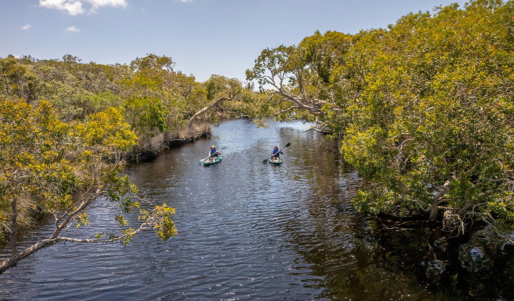 Two people kayaking along Jerusalem Creek paddle route. Credit: John Spencer &copy; DCCEEW