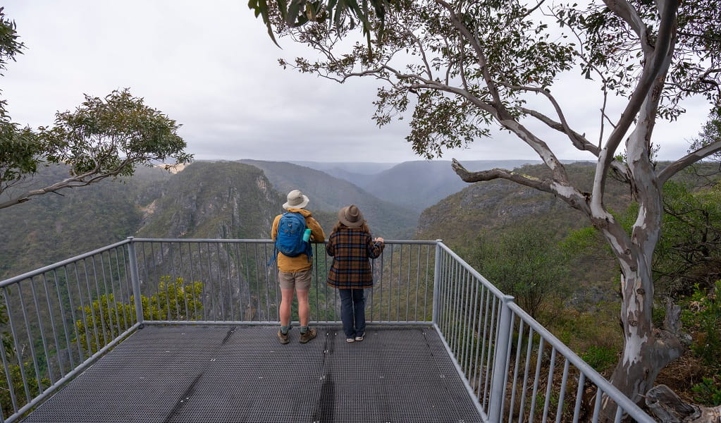 Two people admiring the view of surrounding mountains from Adams lookout, Bungonia National Park. Photo: John Spencer/DCCEEW