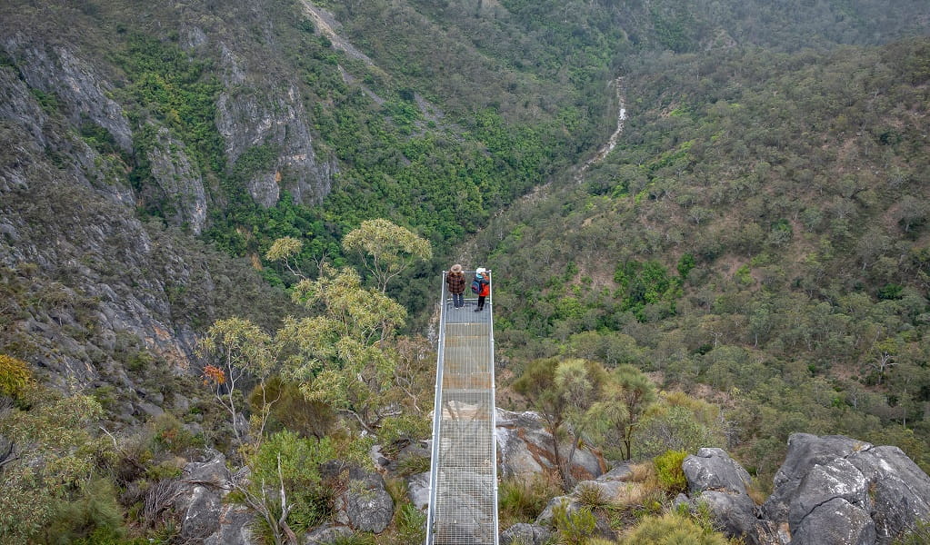 Aerial view of visitors on the Lookdown lookout, taking in the grey cliffs, woodland ravines and the river far below, Bungonia National Park. Photo: John Spencer &copy; DCCEEW 