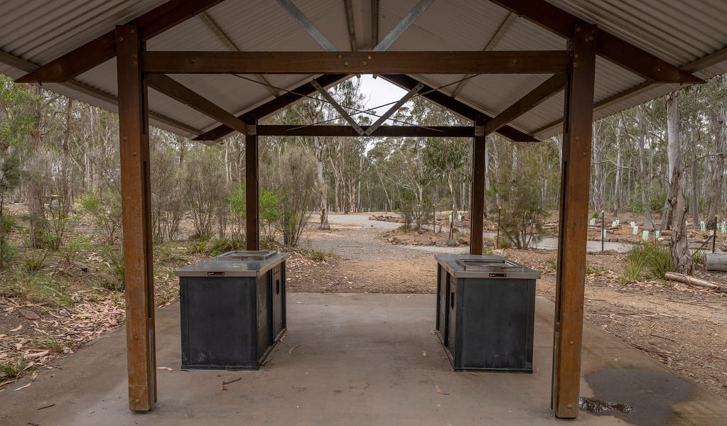 The sheltered barbecues at Bungonia campground, Bungonia National Park. Photo: John Spencer &copy; DCCEEW 