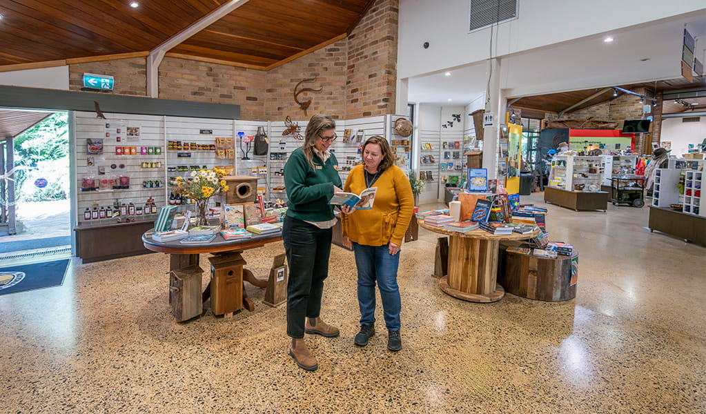 Staff helping a visitor at Dorrigo Rainforest Centre. Photo: John Spencer/DCCEEW &copy; DCCEEW