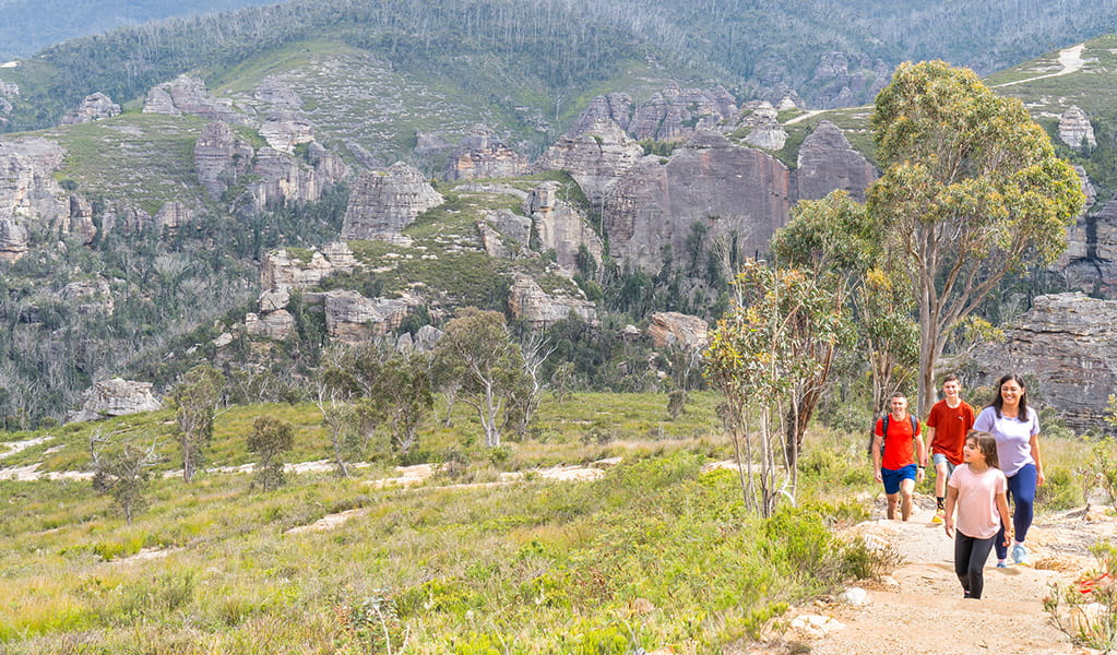 A family walking on up Lost City walking track towards Lost City lookout with Gardens of Stone State Conservation Area's pagoda views in the background.  Credit: Simone Cottrell &copy; DCCEEW