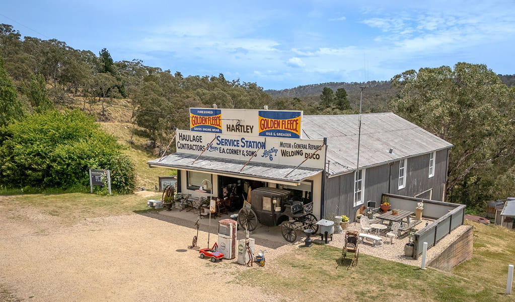 An aerial image of the old Corneys Garage building, now Gold Rush Antiques in Hartley Historic Site. Credit: John Spencer &copy; DCCEEW