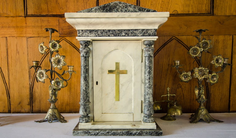 Former St Bernards Church pulpit, Hartley Historic Site. Photo: John Spencer