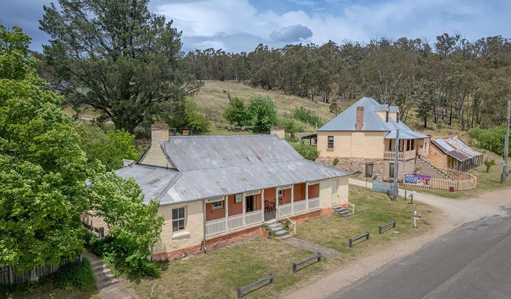 An aerial image of heritage settlement buildings at Hartley Historic Site. Credit: John Spencer &copy; DCCEEW