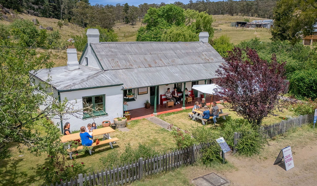 An aerial image of The Postmistress Cafe and Store, housed in the conserved former post office at Hartley Historic Site. Credit: John Spencer &copy; DCCEEW