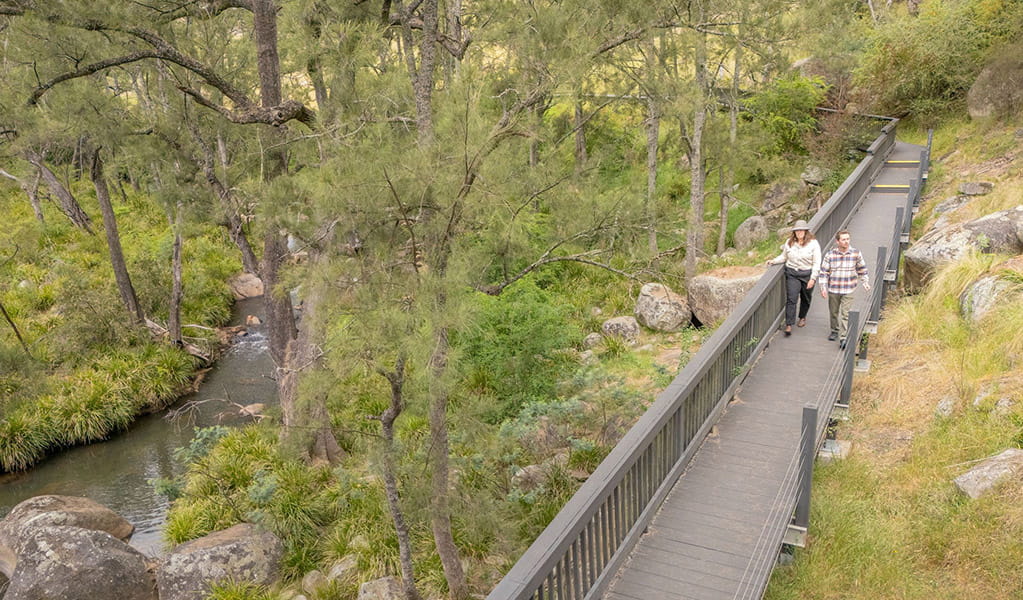 2 people on Rowsons River walk, a boardwalk surrounded by bush next to the River Lett near Hartley Historic Site. Credit: John Spencer &copy; DCCEEW