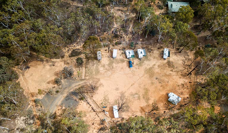 Arial view of the powered sites at Glendora campground within Hill End Historic Site. Photo: John Spencer/OEH