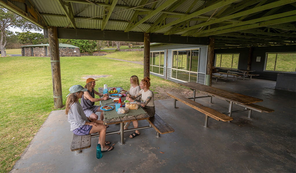 Campers eating lunch using the barbecue facilities at Killalea campground. Photo: John Spencer/DCCEEW &copy; DCCEEW