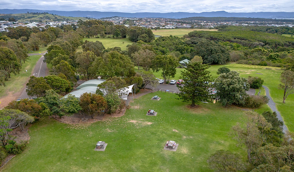 Aerial view of picnic tables and the kiosk in Killalea Regional Park. Photo: John Spencer/DCCEEW &copy; DCCEEW