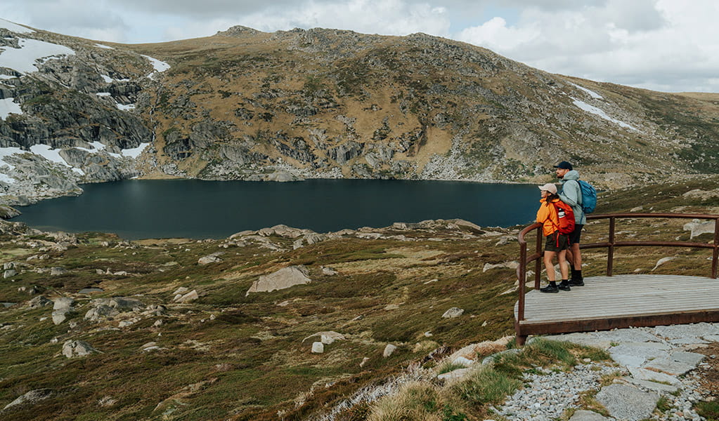 2 people on a viewing platform at a view of Blue Lake. Credit: Remy Brand / DCCEEW &copy; Caravel Content