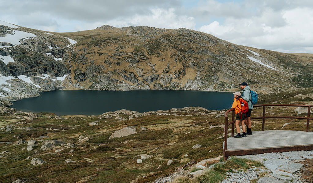 2 people on a viewing platform along Main Range walk looking at a view of Blue Lake. Credit: Remy Brand / DCCEEW &copy; Caravel Content