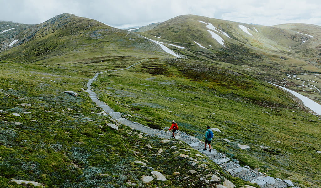 2 hikers on a track along Main Range walk with a view of snow-capped mountains and a lake in the background. Credit: Daniel Parsons / DCCEEW &copy; Caravel Content