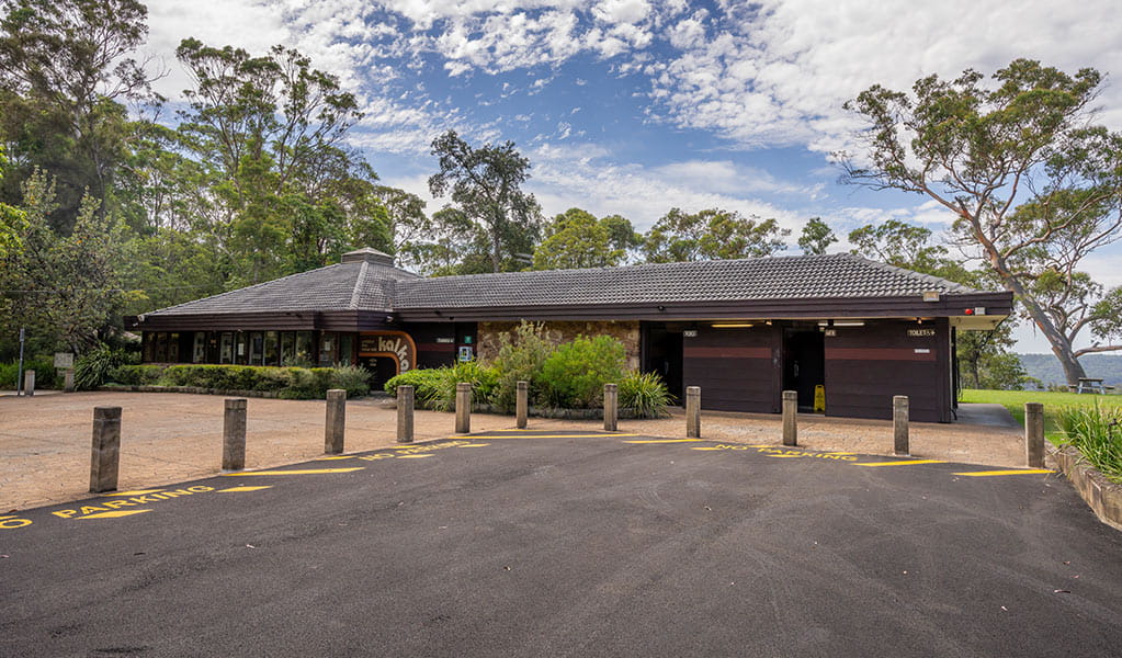 Front entrance of Kalkari Discovery Centre, seen from the carpark, Ku-ring-gai Chase National Park. Photo: Johny Spencer &copy; DCCEEW