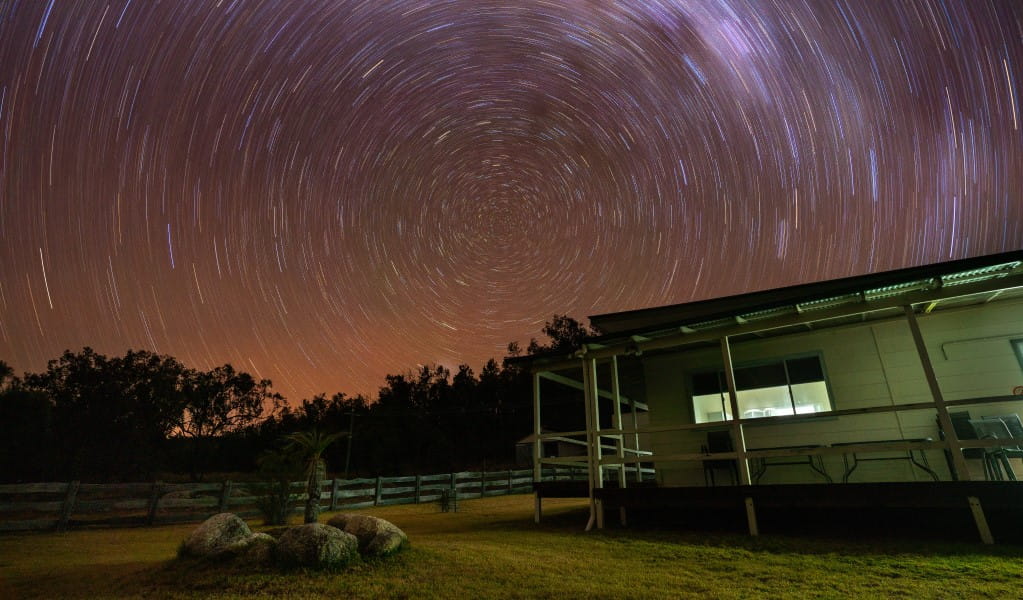 Stars travelling across the sky behind Lavender Vale Homestead in Kwiambal National Park. Photo &copy; DPE
