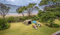 A family camping on a grassy site by the beach on the NSW north coast at Point Plomer campground in Limeburners Creek National Park. Credit: John Spencer &copy; DCCEEW