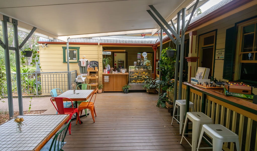 Roto House open air cafe, under an awning on the Roto House balcony, Roto House Historic Site. Credit: John Spencer &copy; DCCEEW