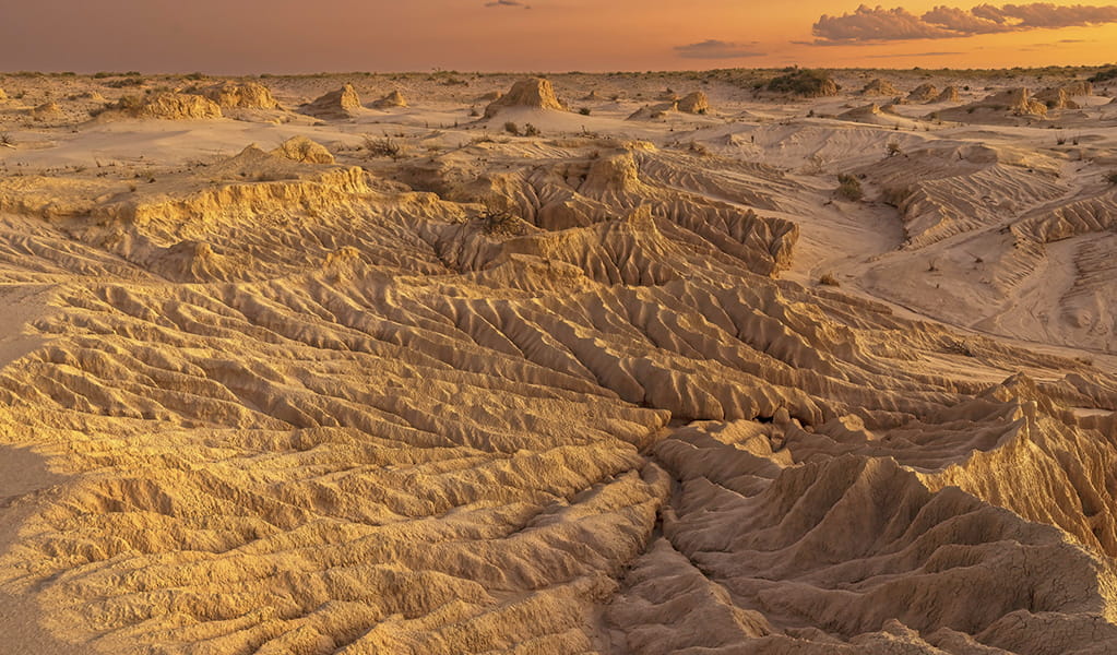 Aerial view of Mungo lunette formations in a golden landscape at sunset. Credit: Hao Li/DCCEEW &copy; Hao Li