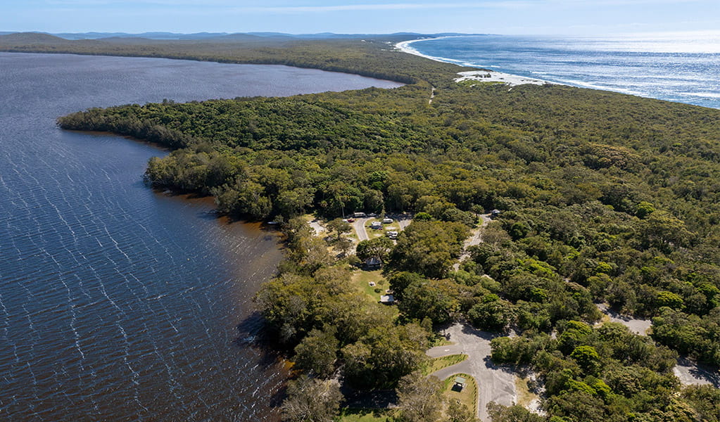 Aerial view of the lake and beach near Mungo Brush campground. Credit: John Spencer/DCCEEW &copy; DCCEEW