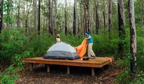 Putting up a tent on a wooden platform at Weeun Weeun campground in Nightcap National Park. Photo: Remy Brand &copy; Caravel Content 