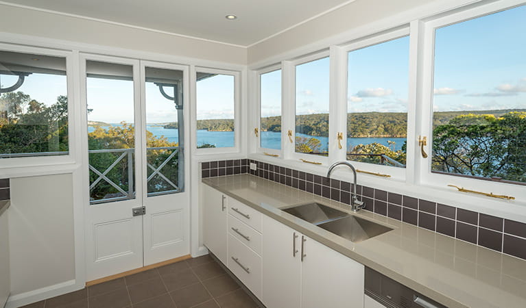 The kitchen with view of Port Hacking in Hilltop Cottage, Royal National Park. Photo: John Spencer &copy; DPIE