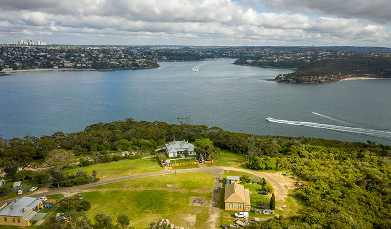 Officers Quarters with Sydney Harbour in the background at Middle Head - Gubbuh Gubbuh lookout. Photo: John Spencer, &DCCEEW;