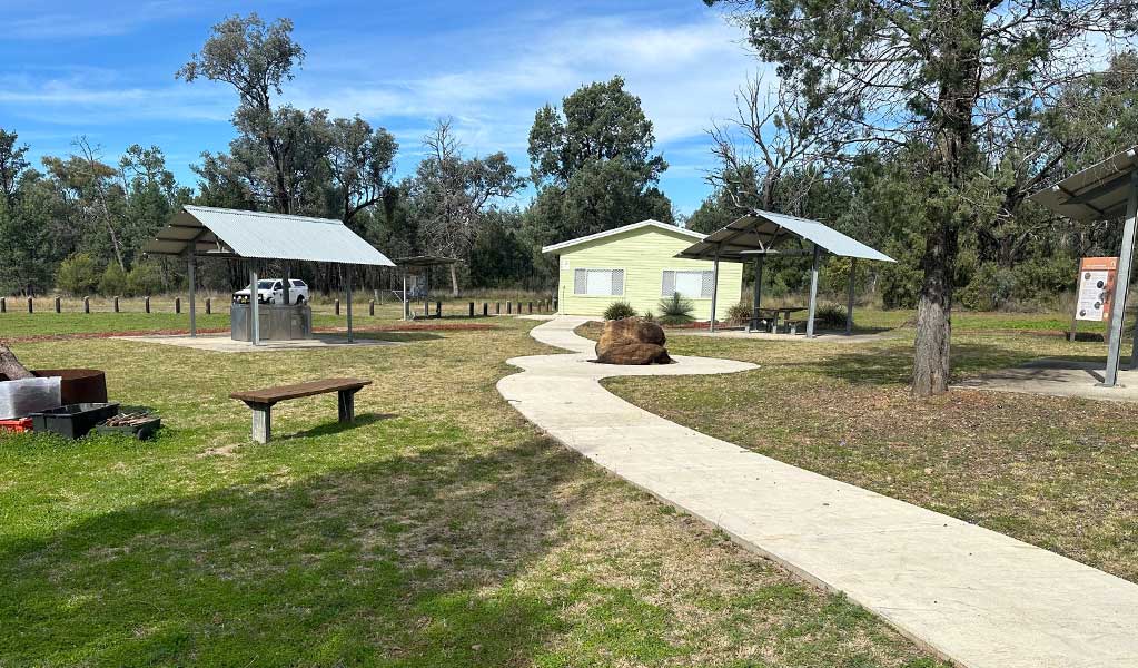 A paved path leading to the picnic area and Dhawun cultural centre at Terry Hie Hie Aboriginal area. Credit: DCCEEW &copy; DCCEEW