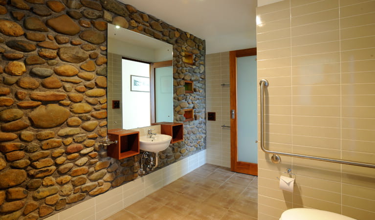 Modern bathroom at Mildenhall Cottage, Walgun Cape Byron State Conservation Area. Photo: D Taylor