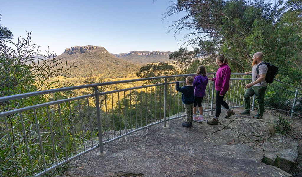 2 adults and 2 kids taking in views of Donkey Mountain and Wolgan Valley at the lookout on Glow Worm Tunnel walking track. Credit: John Spencer &copy; DCCEEW