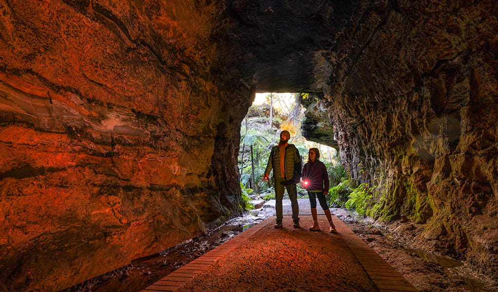 A father and daughter using red light torches on the path inside Glow Worm Tunnel in Wollemi National Park. Credit: John Spencer &copy; DCCEEW