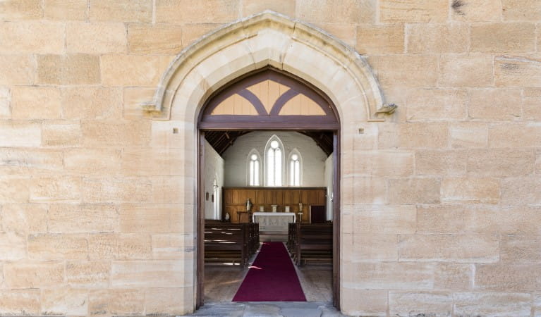 Looking into Former St Bernards Church through the main door at Hartley Historic Site. Photo; Jennifer Leahy &copy; DPIE